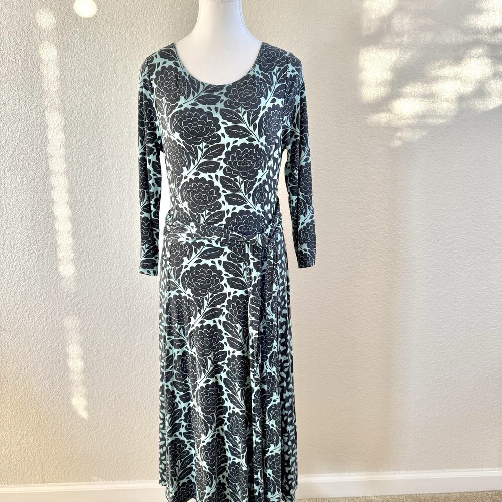 Boden Long Sleeve Jersey Printed Dress Size 10 Blue Black Floral Tie Wrap Waist